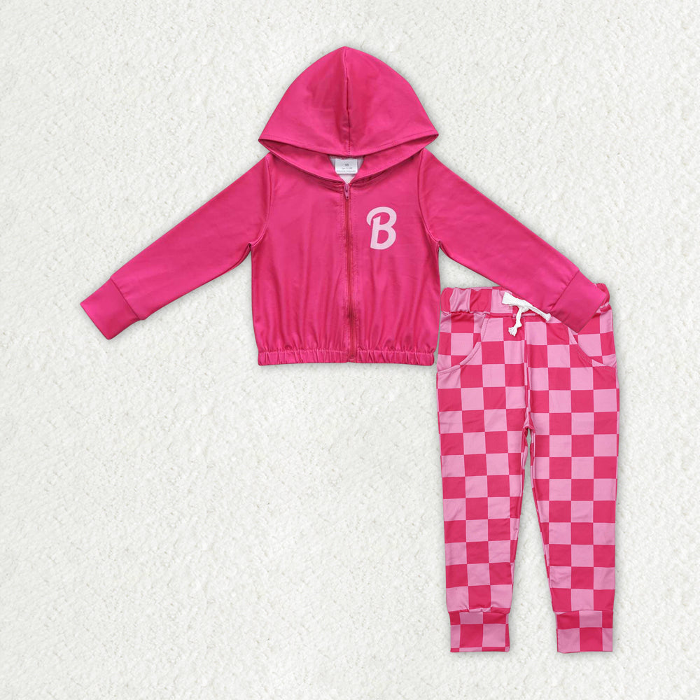 Baby Girls Pink Doll Hooded Zip Jacket Top Checkered Pants Clothes Sets