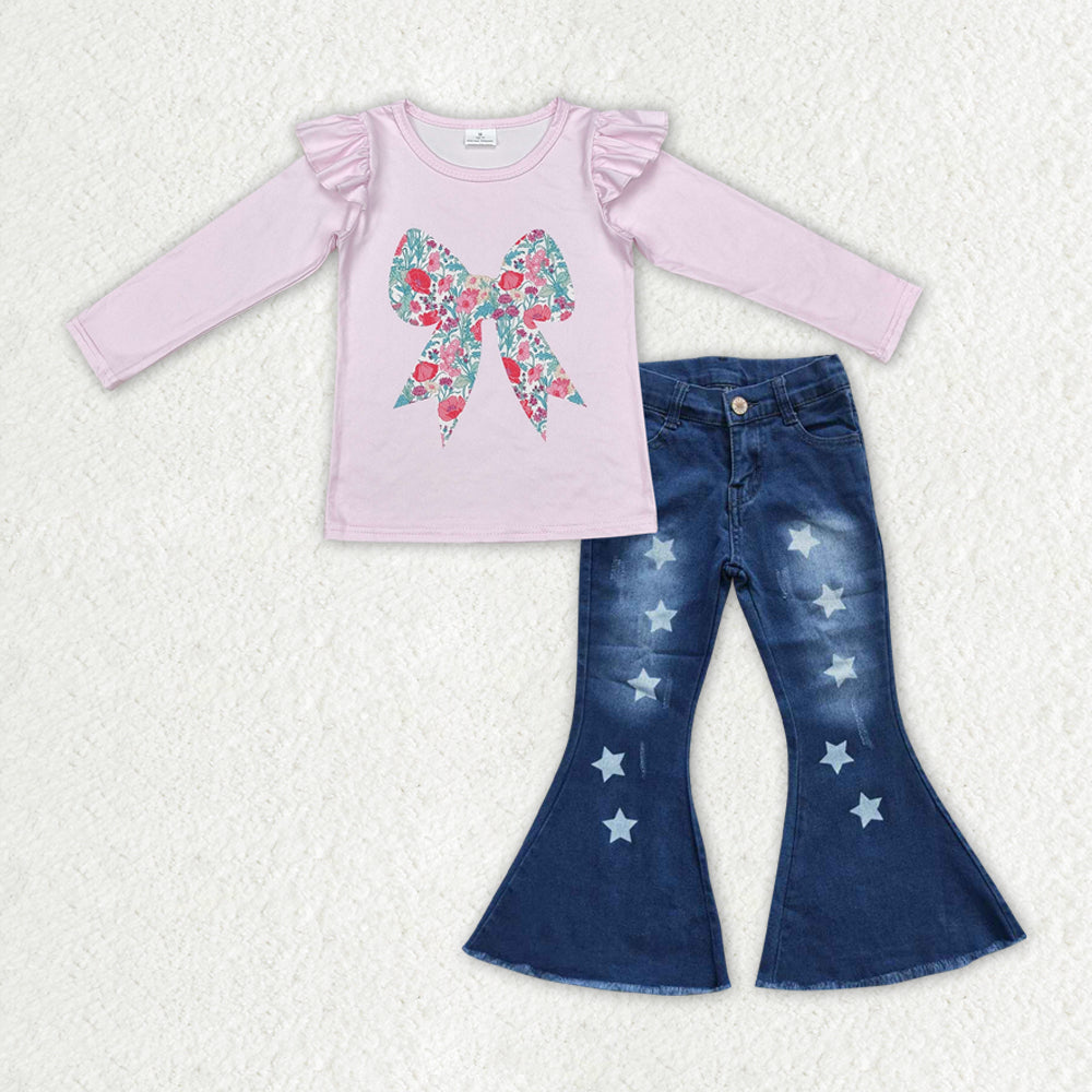 Girls Pink Bow Shirt Stars Denim Jeans Pants Clothes Sets