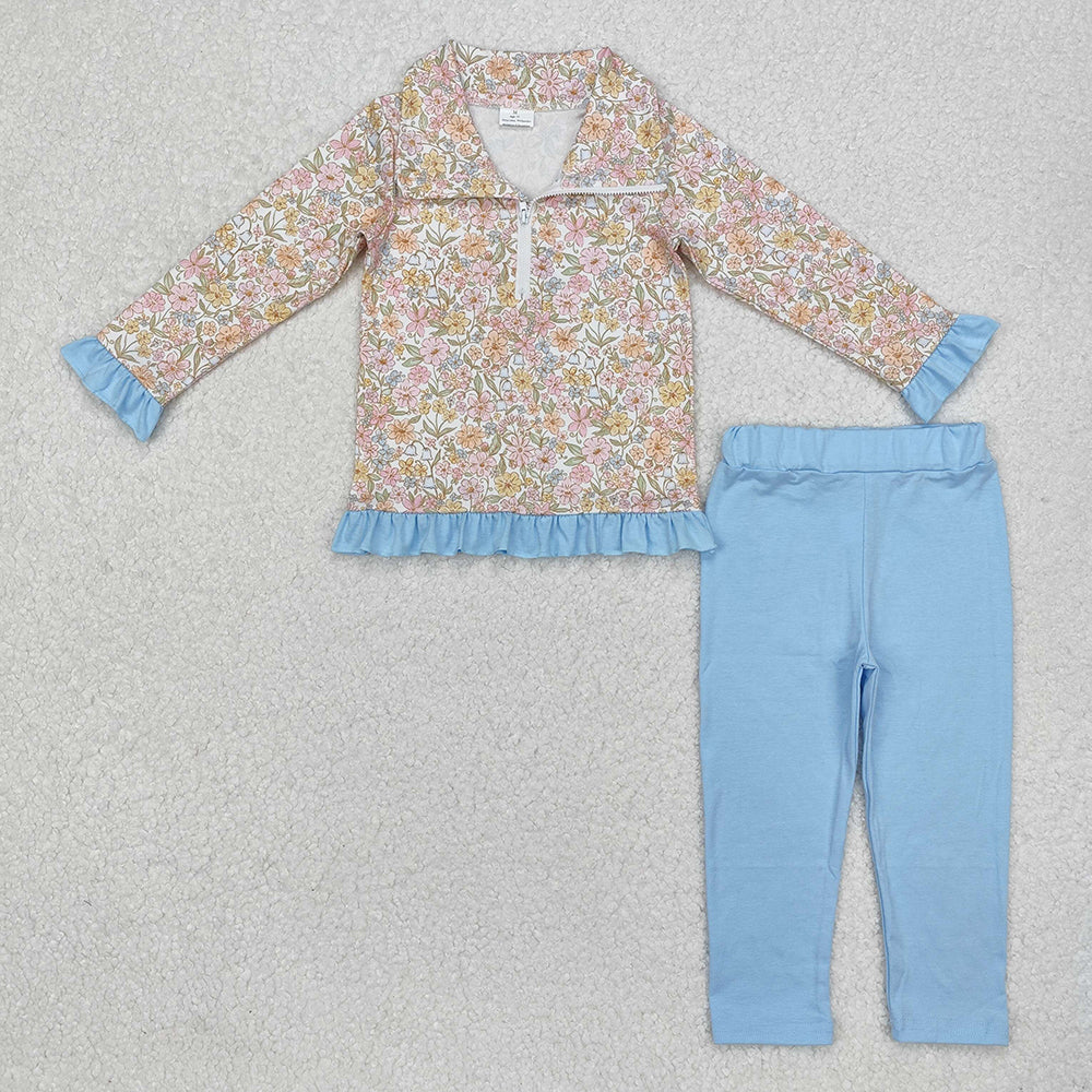 Baby Girls Spring Flowers Zip Pullovers Blue Legging Clothes Sets
