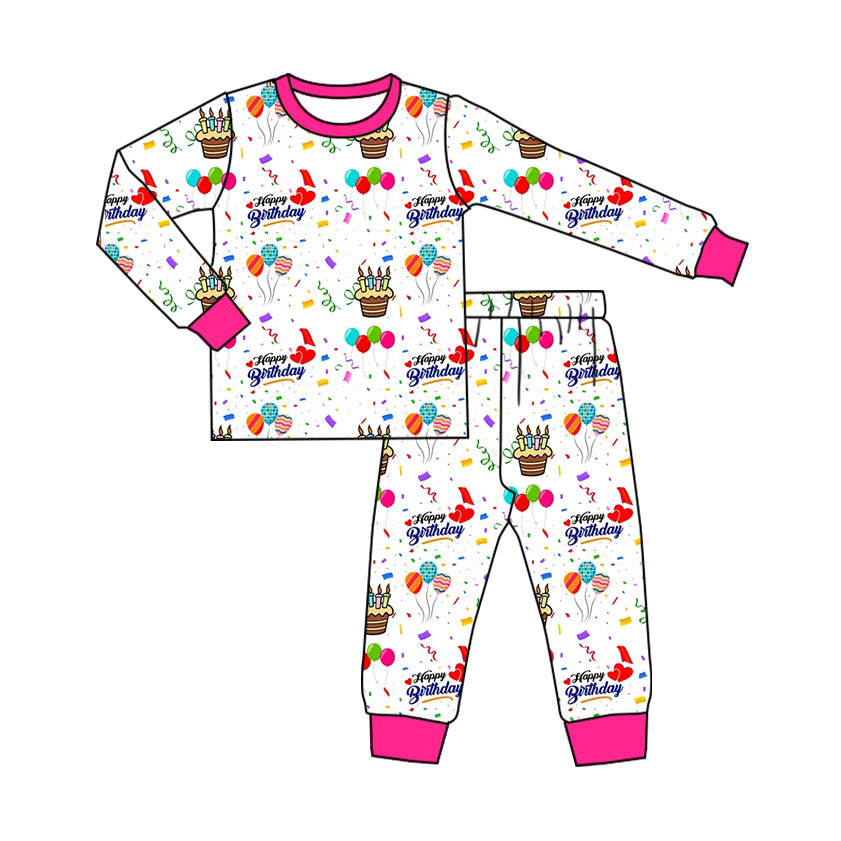 Preorder moq 5 Baby Girls Pink Long Sleeves Happy Birthday Top Pant Pajamas Set
