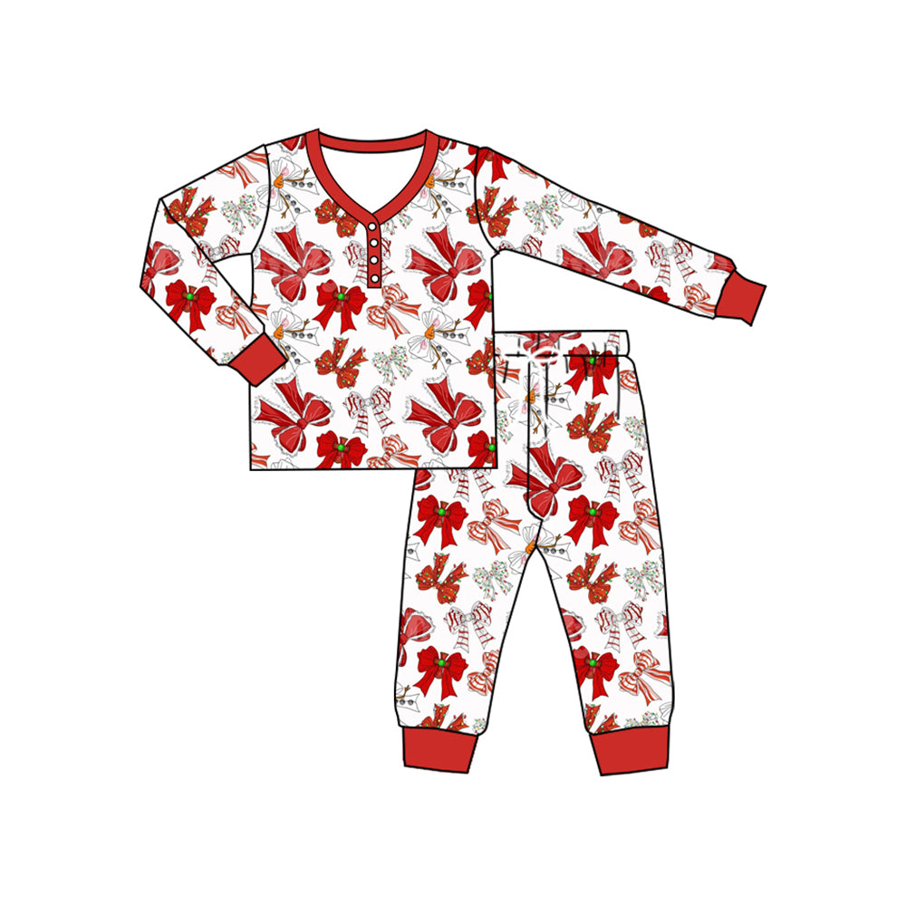 Adult Women Long Sleeves Red Bows Button Top Pant Pajamas Set Preorder