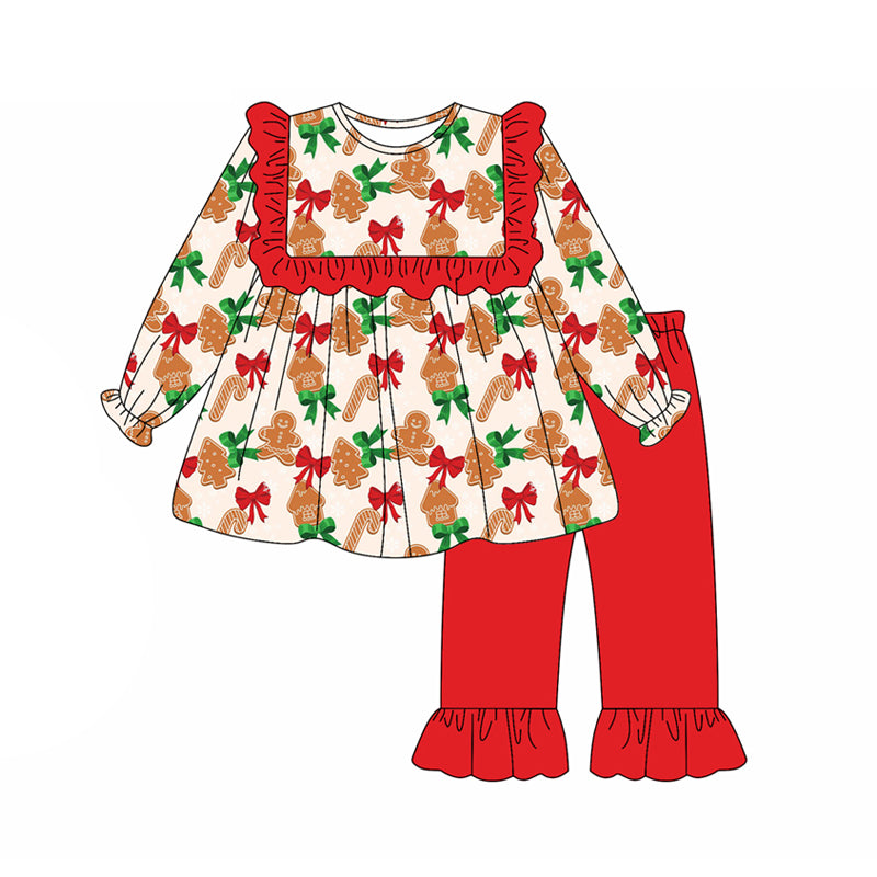 Baby Girls Long Sleeves Bows Gingerbread Tunic Ruffle Pant Set Preorder