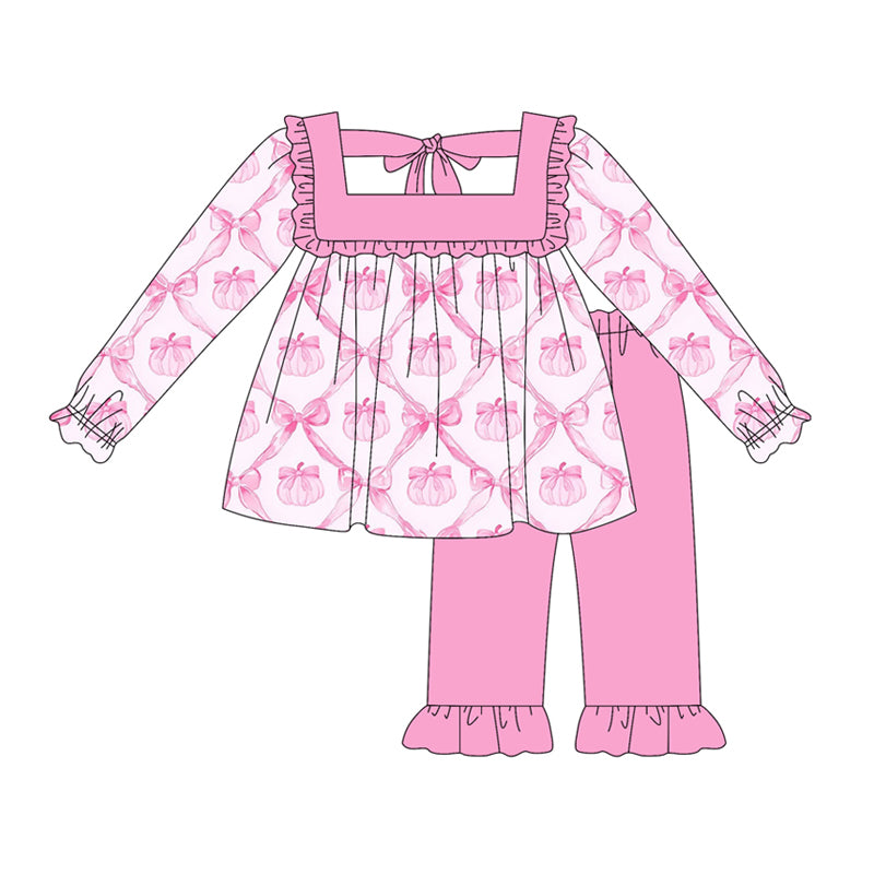 Baby Girls Long Sleeves Pink Bows Pumpkins Plaid Tunic Ruffle Pant Set Preorder