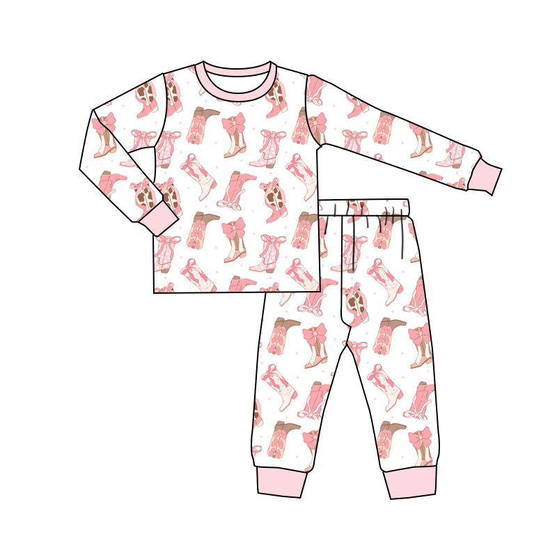 Baby Girls Long Sleeves Pink Bows Boots Top Pant Pajamas Set Preorder