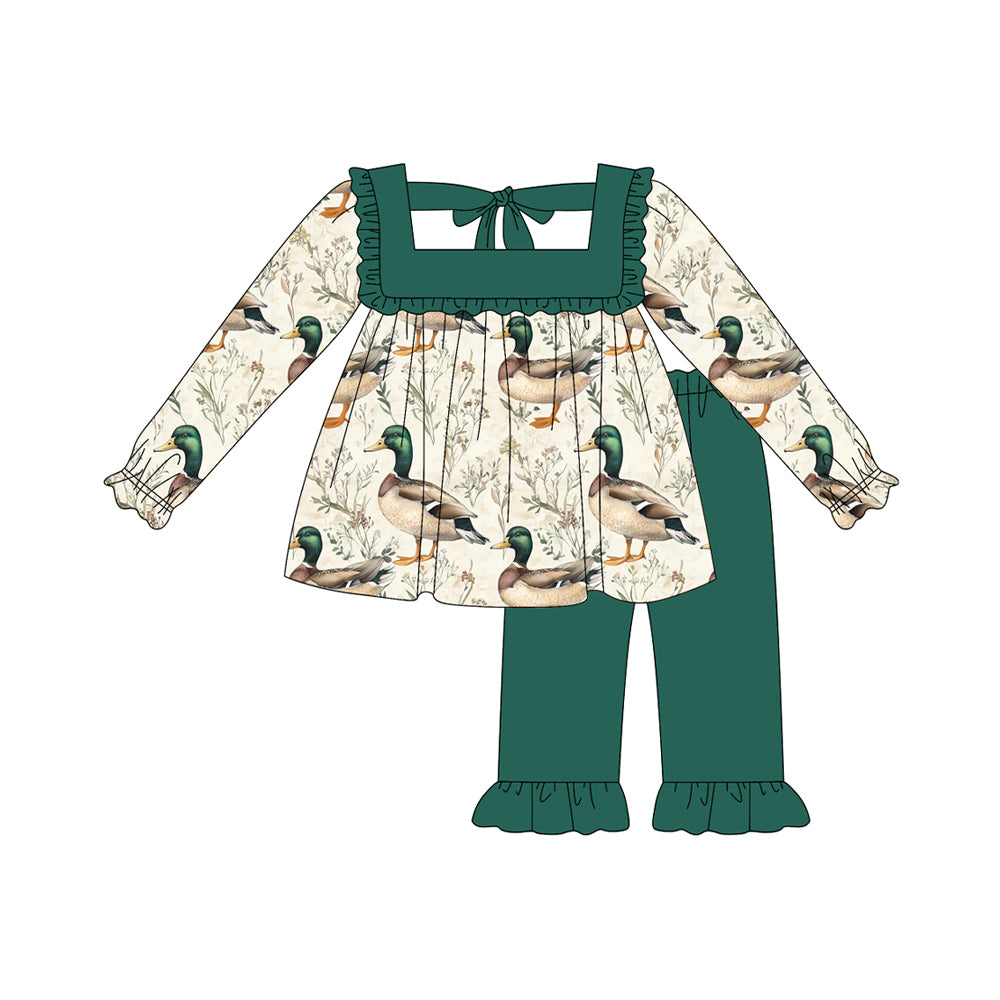 Baby Girls Long Sleeves Green Ducks Tunic Ruffle Pant Set Preorder