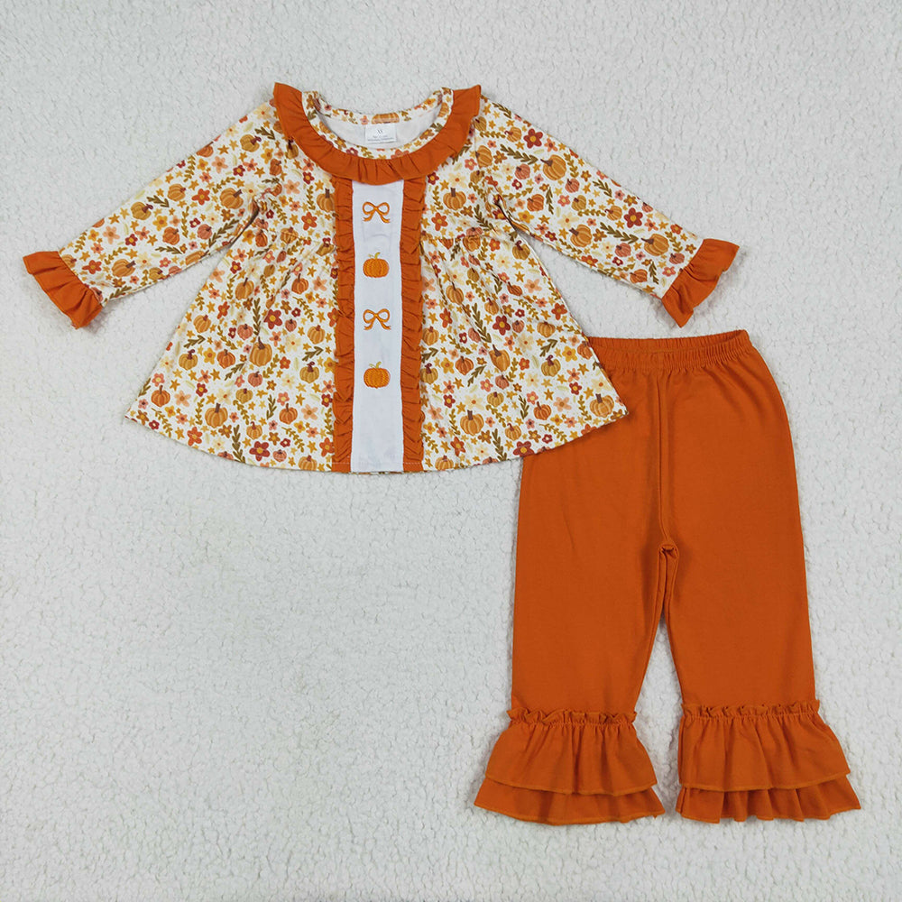 Embroidery Baby Girls Fall Flowers Bows Pumpkins Tunic Ruffle Pants Sets