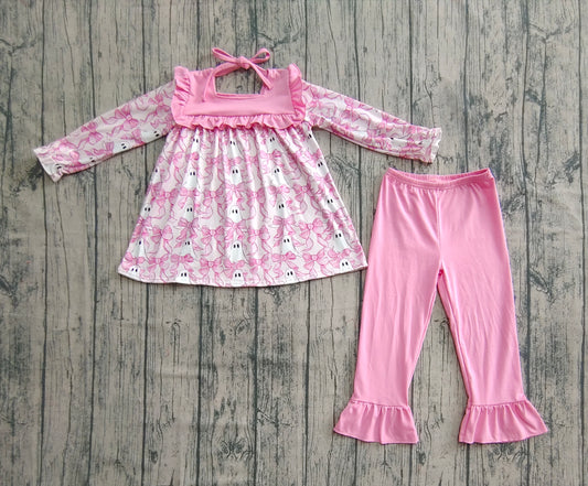 Baby Girls Halloween Pink Bows Ghosts Tunic Ruffle Pant Sets