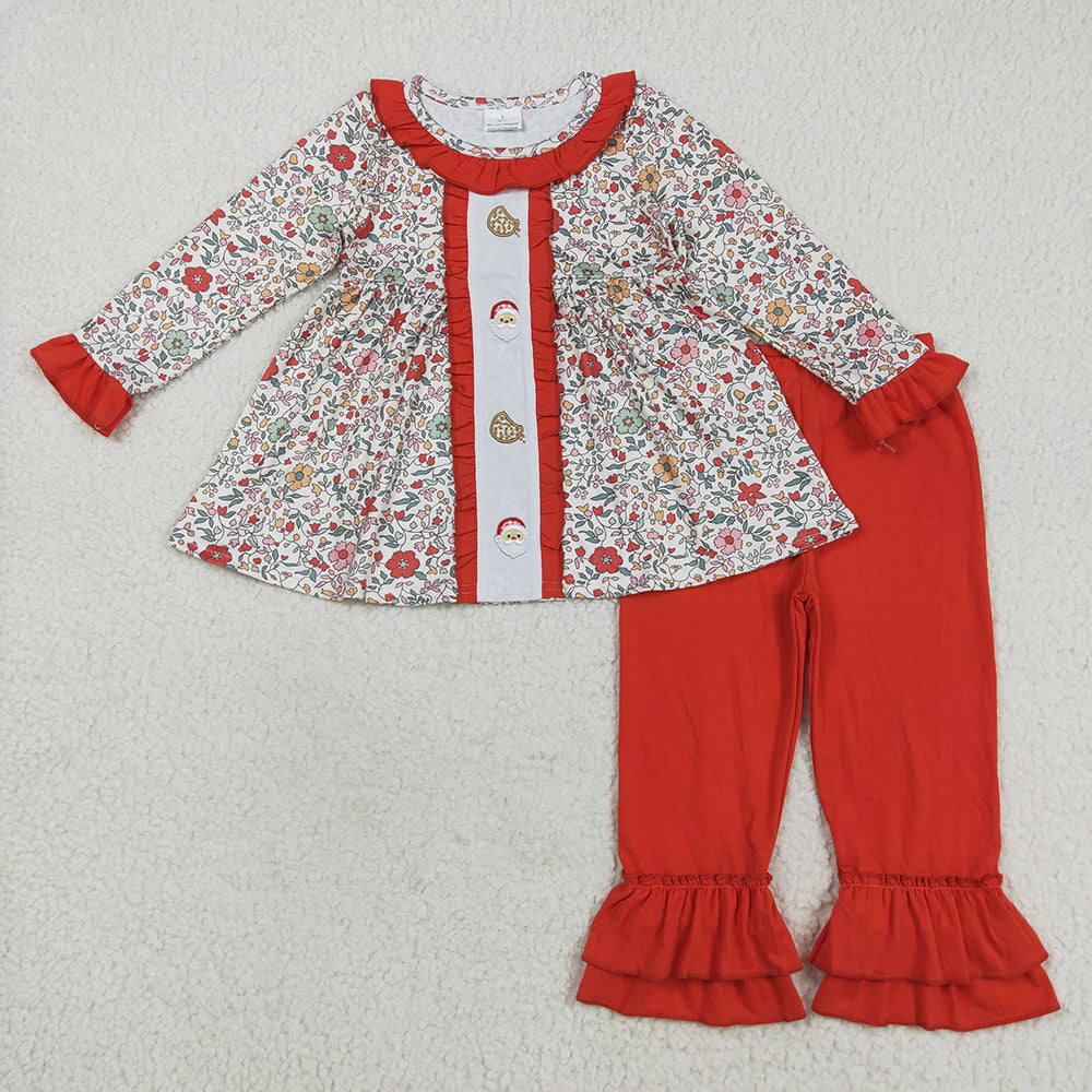 Embroidery Santa Cookie Baby Girls Red Floral Tunic Ruffle Pants Christmas Set