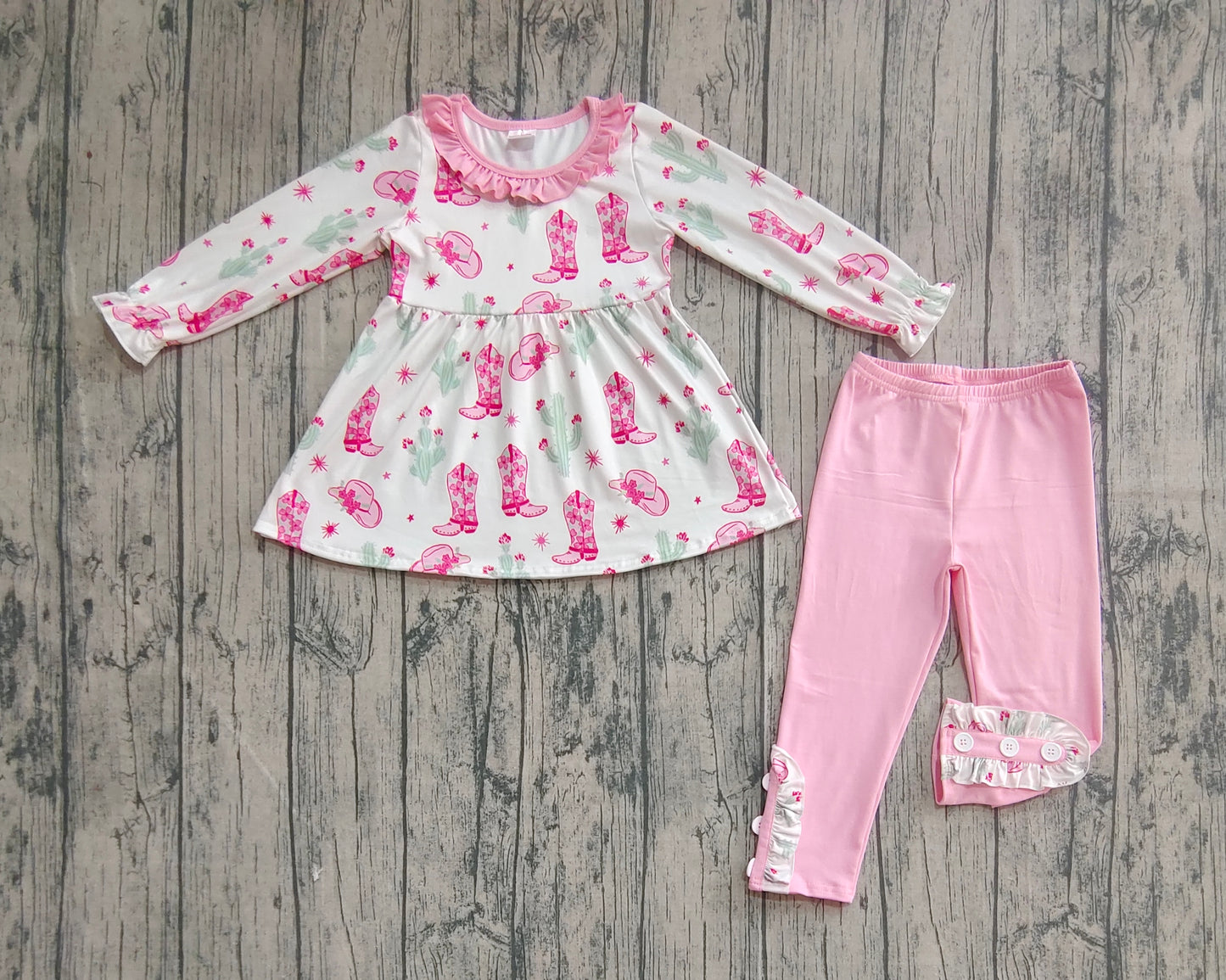 Baby Girls Pink Boots Cactus Tunic Legging Pants Western Set