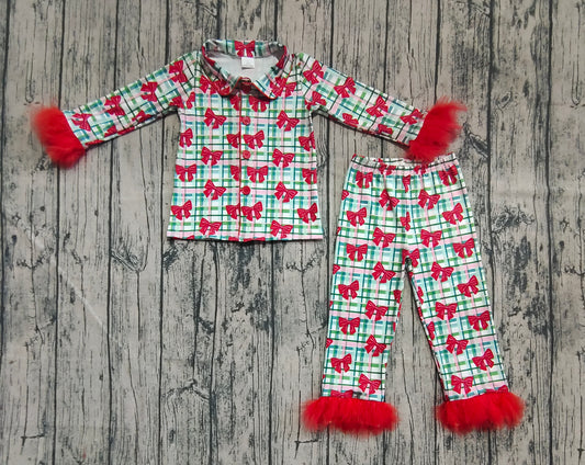 Baby Girls Christmas Fur Sleeve Bows Buttons Top Pants Pajamas Sets