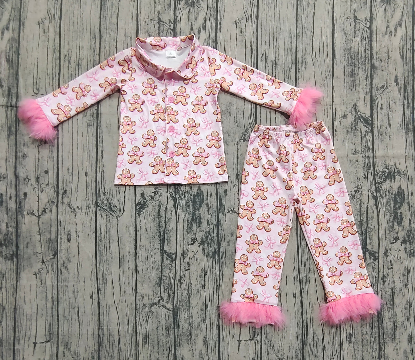 Baby Girls Pink Fur Gingerbread Button Top Pants Christmas Pajamas Sets