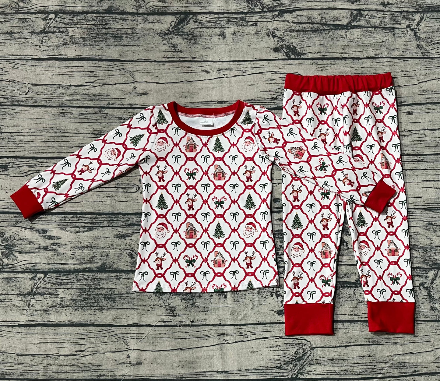 Baby Girls Christmas Bows Gingerbread Plaid Top Pant Pajamas Sets