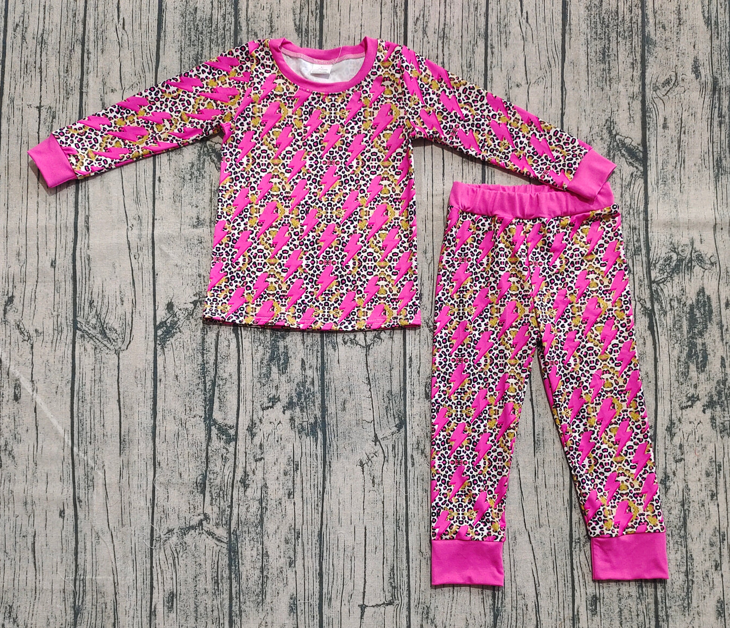 Baby Girls Long Sleeves Pink Lightning Leopard Top Pant Pajamas Sets