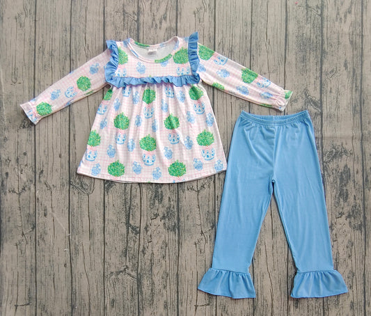 Baby Girls Pink Long Sleeves Plants Tunic Blue Ruffle Pants Sets