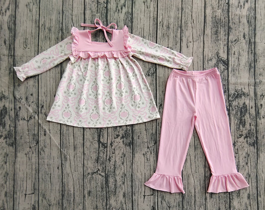 Baby Girls Fall Pumpkins Bows Plaid Tunic Pink Ruffle Pant Sets