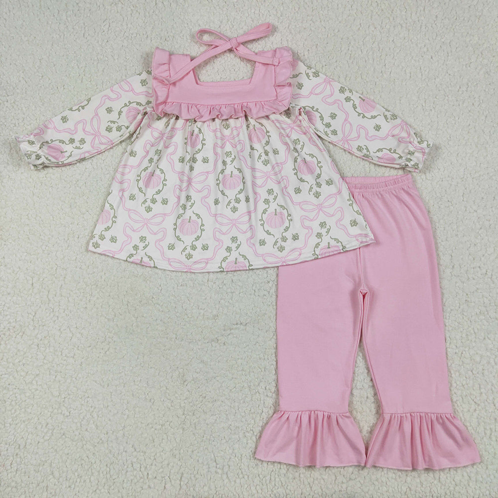Sibling Baby Girls Pumpkins Bows Rompers Outfits Sets