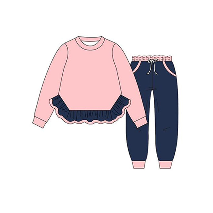 Preorder moq 5 Baby Girls Pink Long Sleeves Ruffle Top Navy Pockets Legging Pant Set