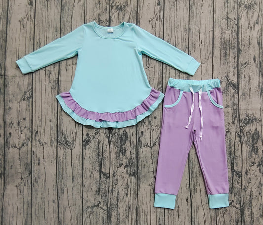 Baby Girls Aqua Long Sleeves Ruffle Top Lavender Pockets Legging Pants Sets