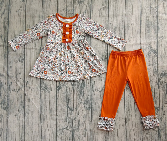Baby Girls Fall Orange Floral Button Tunic Icing Legging Outfits Sets