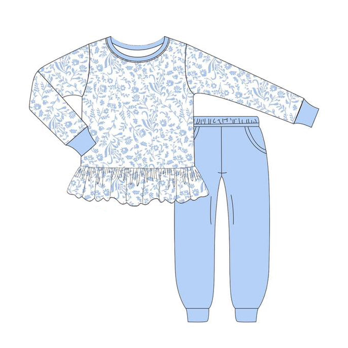 Preorder moq 5 Baby Girls Long Sleeves Light Blue Floral Tunic Pocket Legging Pant Set