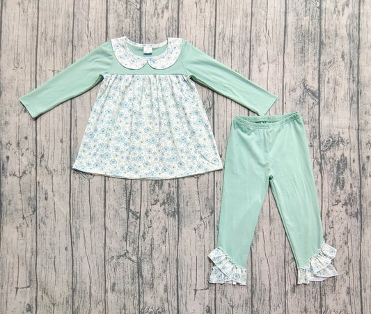 Baby Girls Green Long Sleeves Floral Tunic Ruffle Pants Clothes Sets