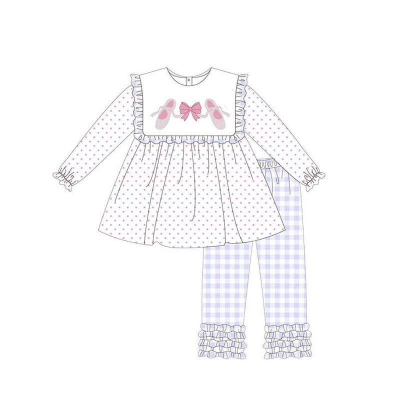 Preorder moq 5 Baby Girls Long Sleeves Pink Bow Shoes Polka Dots Tunic Plaid Ruffle Pant Set
