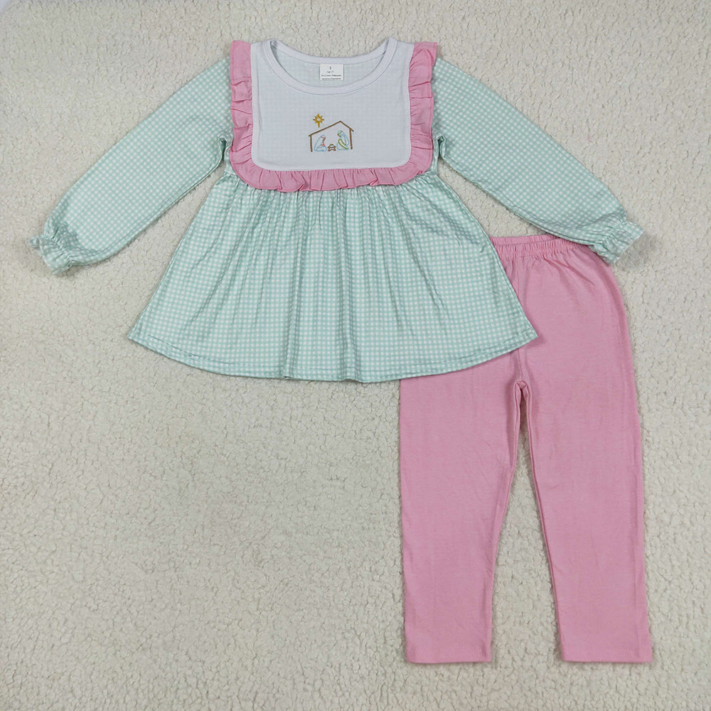 Sibling Baby Girls Blue Christmas Nativity Jesus Rompers Outfits Sets