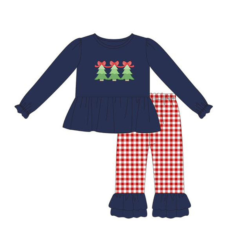 Baby Girls Navy Long Ruffle Sleeves Bows Trees Tunic Red Plaid Pant Set Preorder