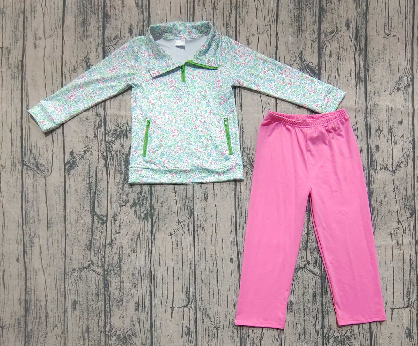 Baby Girls Long Sleeves Green Floral Pockets Zipper Top Pink Pants Sets