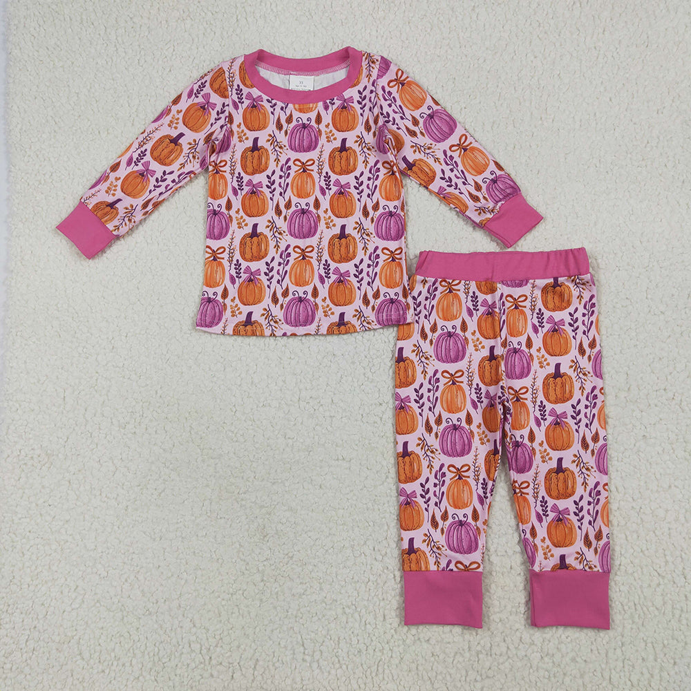 Baby Girls Long Sleeves Hot Pink Floral Pumpkins Top Pant Pajamas Sets