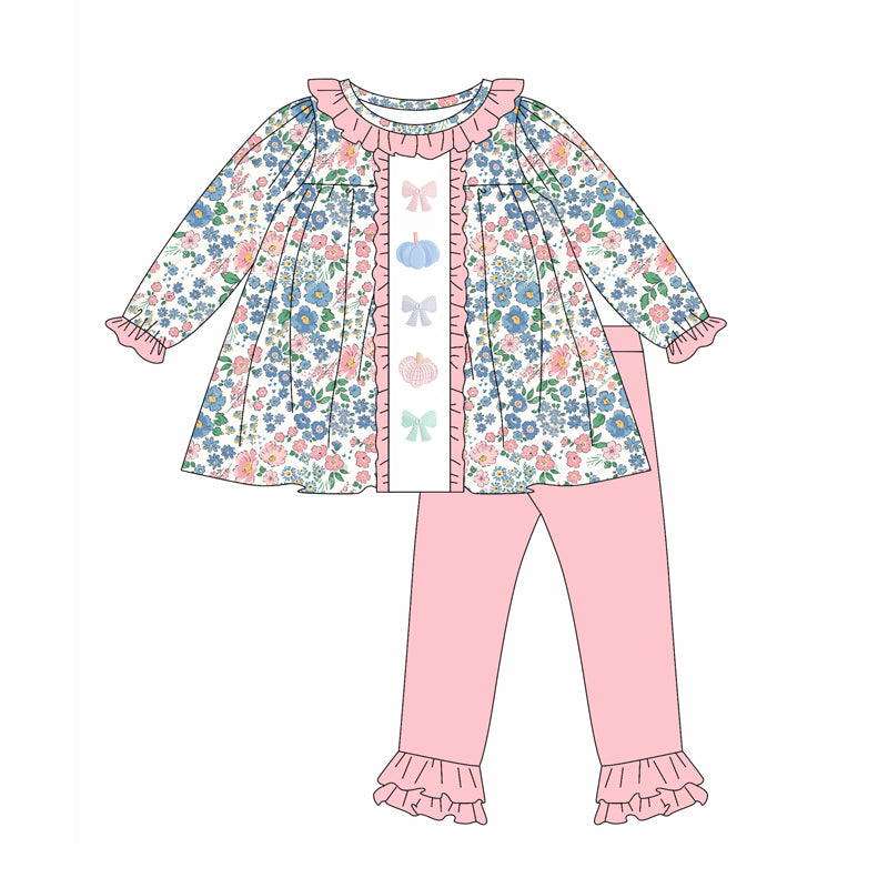 Baby Girls Long Sleeves Bows Pumpkins Floral Tunic Ruffle Pant Set Preorder