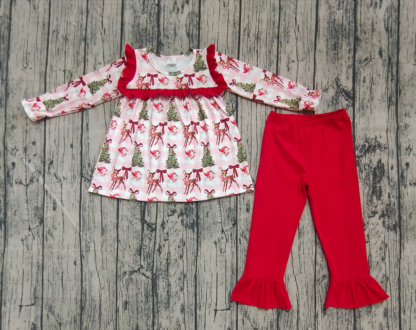 Baby Girls Red Long Sleeves Santa Trees Plaid Tunic Ruffle Pant Sets