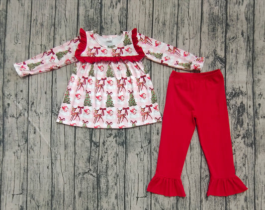 Baby Girls Red Long Sleeves Santa Trees Plaid Tunic Ruffle Pant Sets
