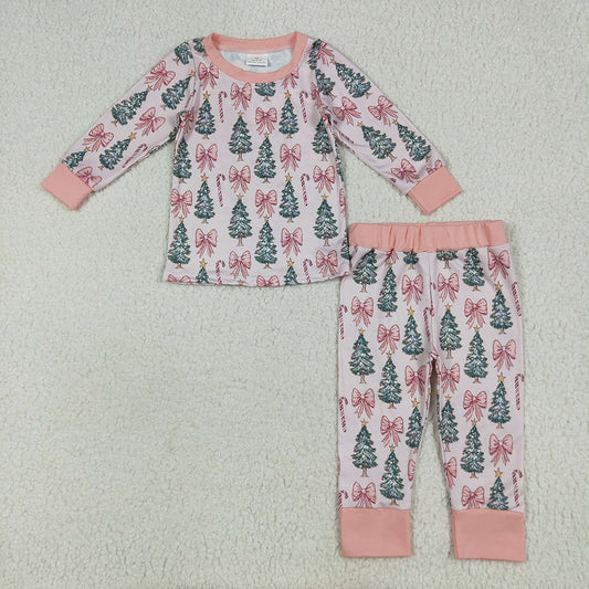 Sibling Baby Girls Pink Christmas Trees Rompers Pajamas Sets