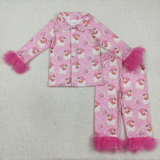 Mama and Me Pink Trees Santa Button Top Pants Christmas Fur Sleeve Pajamas Sets