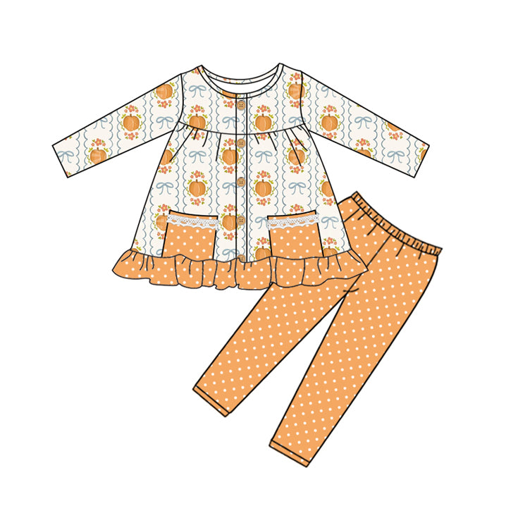 Baby Girls Long Sleeves Pumpkins Bows Plaid Pockets Button Tunic Legging Pant Set Preorder