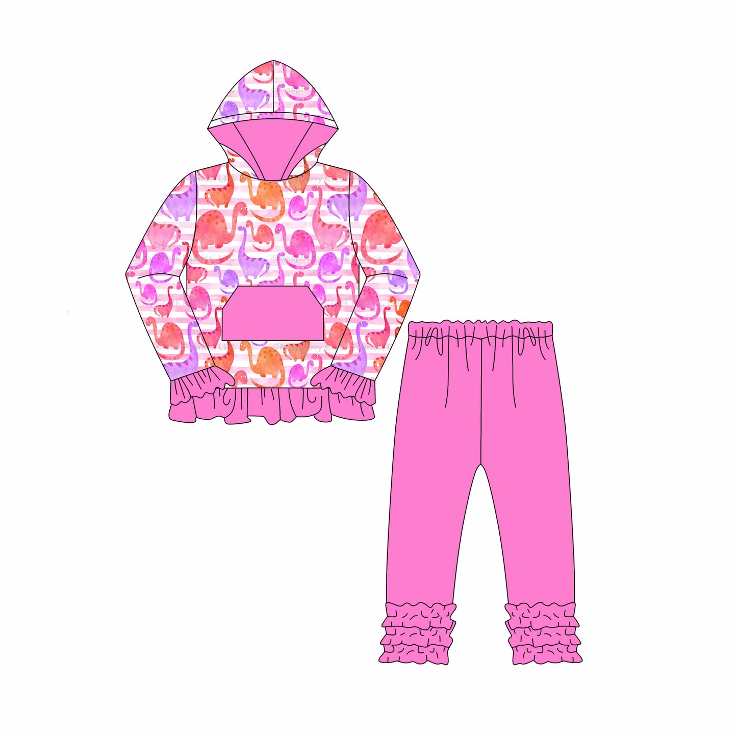 Preorder moq 5 Baby Girls Pink Dinosaurs Pocket Hoodies Top Ruffle Pant Set