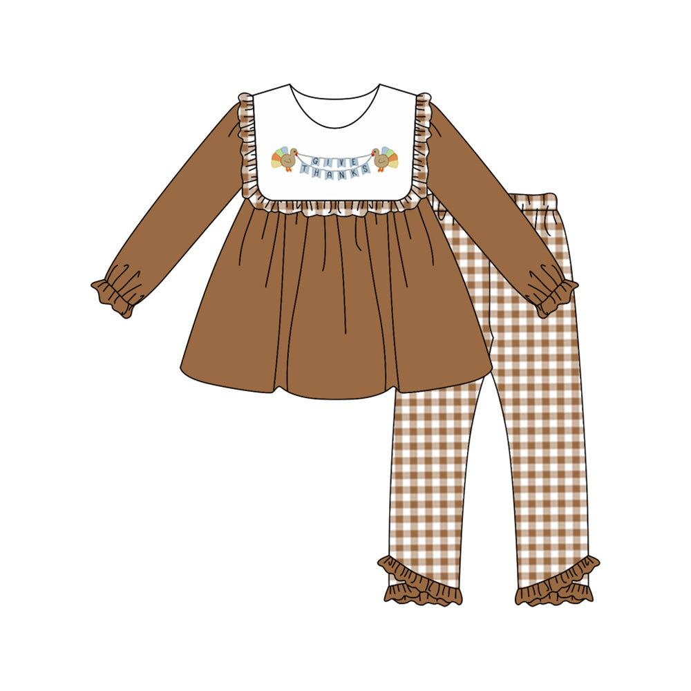 Preorder moq 5 Baby Girls Brown Turkey Give Thanks Tunic Plaid Ruffle Pant Fall Set