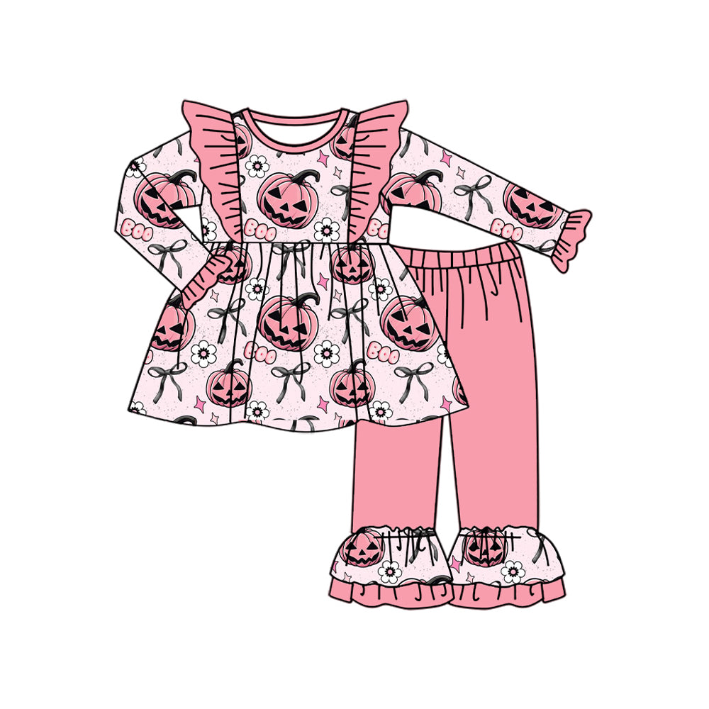 Baby Girls Pink Long Sleeves Ghost Pumpkins Flowers Tunic Ruffle Pant Set Preorder