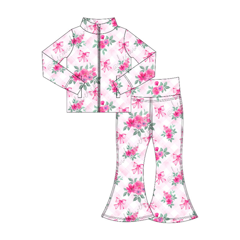 Baby Girls Pink Plaid Flowers Bows Pockets Zipper Top Bell Bottom Pant Yoga Set Preorder