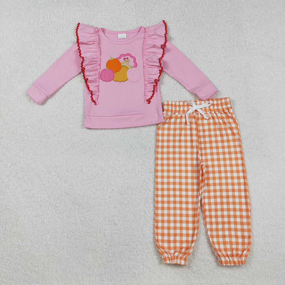 Baby Girls Pink Long Sleeves Turkey Pumpkins Top Orange Checkered Pant Sets