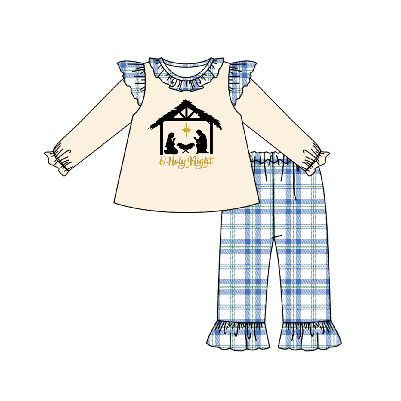 Preorder moq 5 Baby Girls Jesus Nativity Tunic Ruffle Pant Christmas Clothes Set
