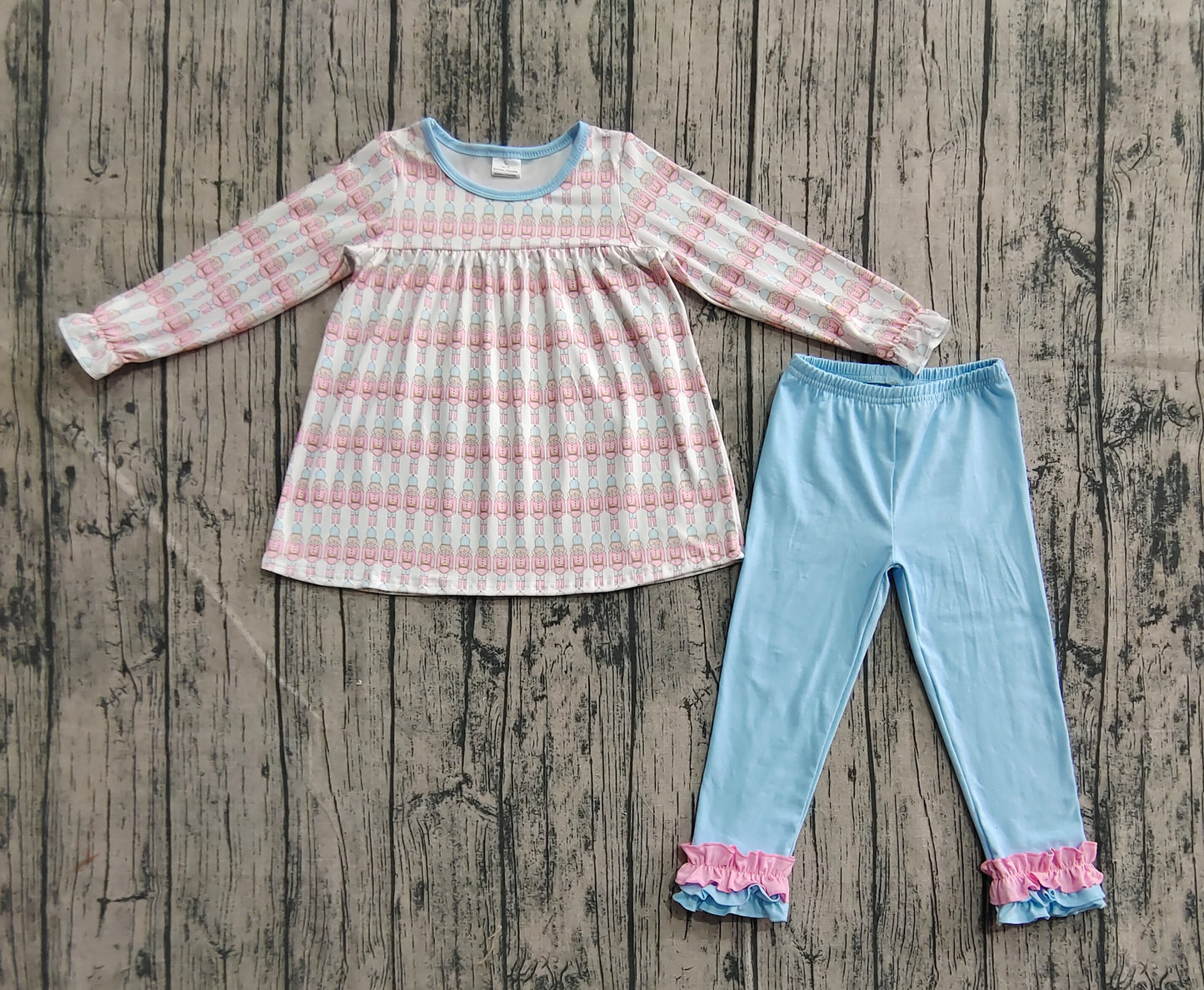 Baby Girls Christmas Soldier Plaid Top Blue Ruffle Pant Sets