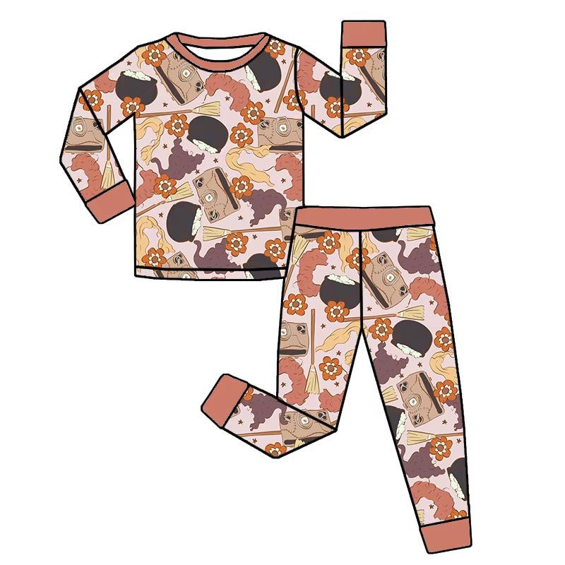 Baby Girls Peach Long Sleeves Hairs Flowers Top Pant Pajamas Set Preorder