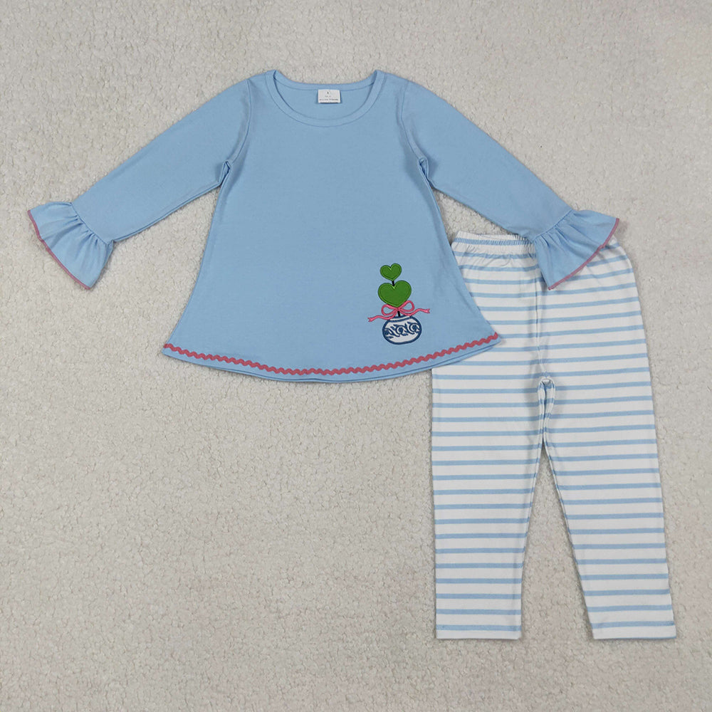 Embroidery Bows Plants Baby Girls Blue Tunic Stripe Legging Sets