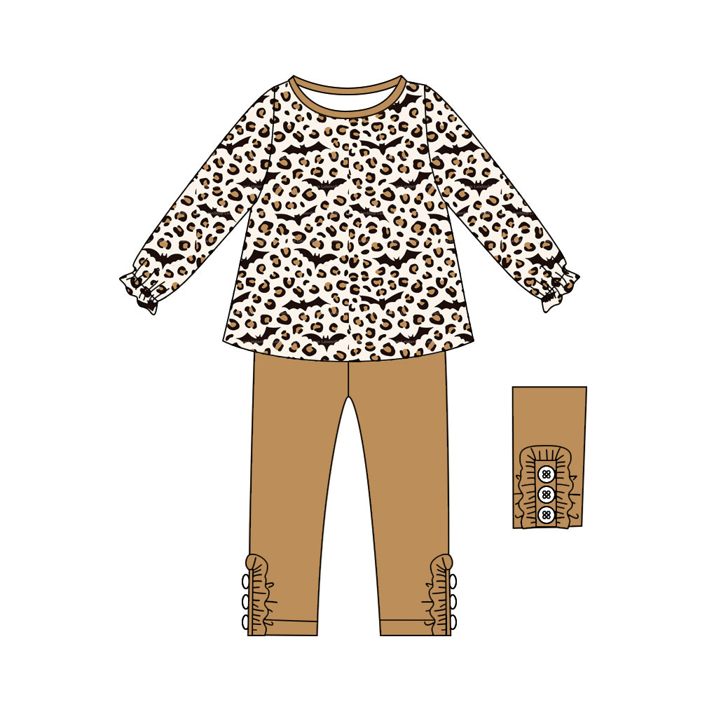 Baby Girls Long Ruffle Sleeves Leopard Bats Tunic Legging Pant Set Preorder