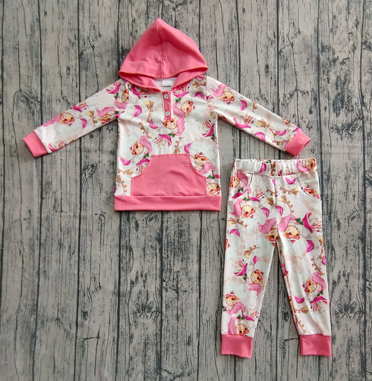 Baby Girls Pink Christmas Santa Button Hoodies Pockets Pant Sets