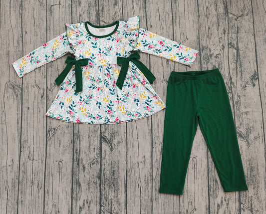 Baby Girls Green Leaves Bows Tunic Leggings Pants Clothes Sets