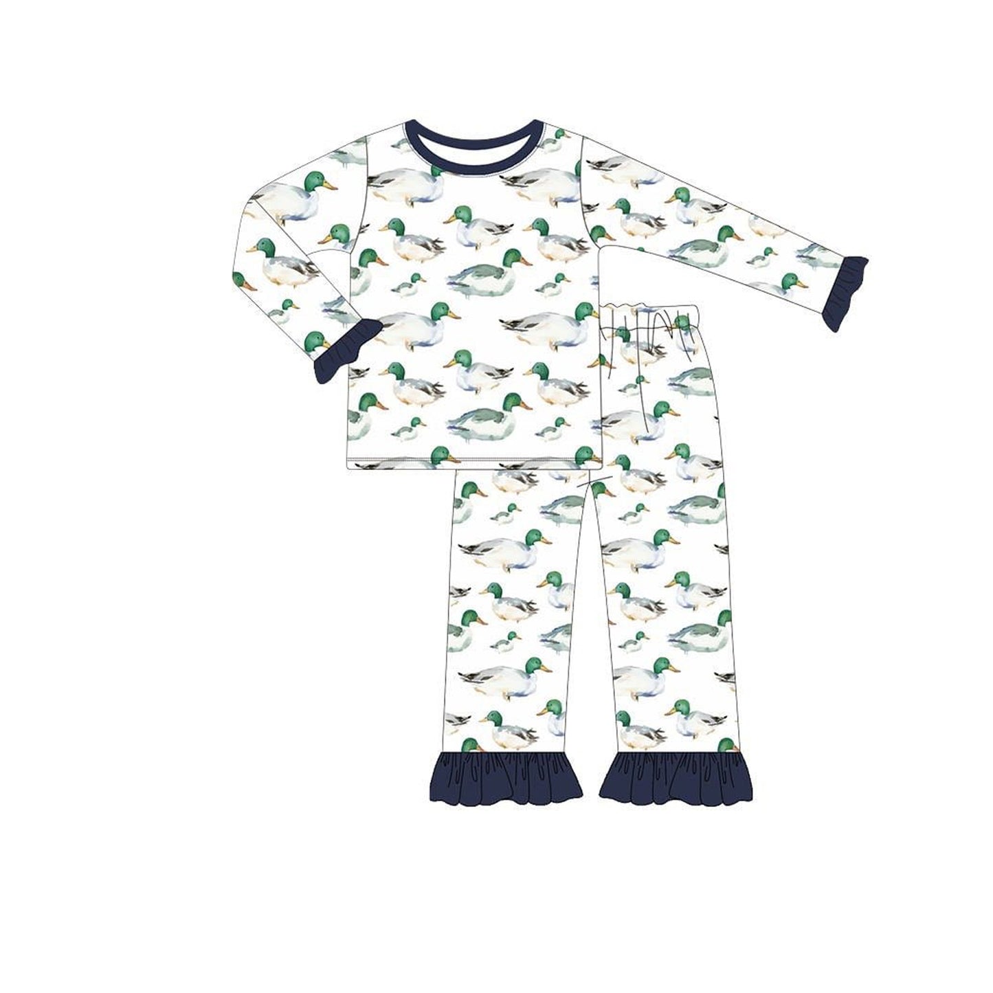 Baby Girls Long Ruffle Sleeves Ducks Plaid Top Pant Pajamas Set Preorder