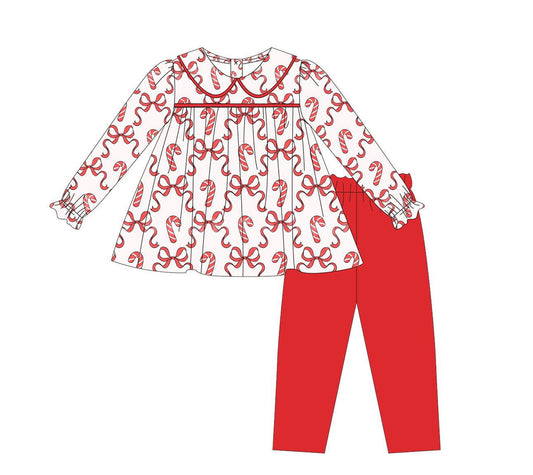 Baby Girls Long Ruffle Sleeves Red Bows Candy Cane Plaid Tunic Legging Pant Set Preorder